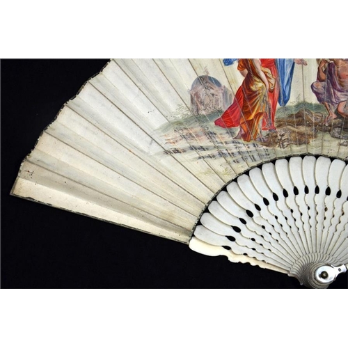 166 - λ An 18th century Ivory Biblical fan with plain ivory sticks and carved guards. The leaf is hand pai... 