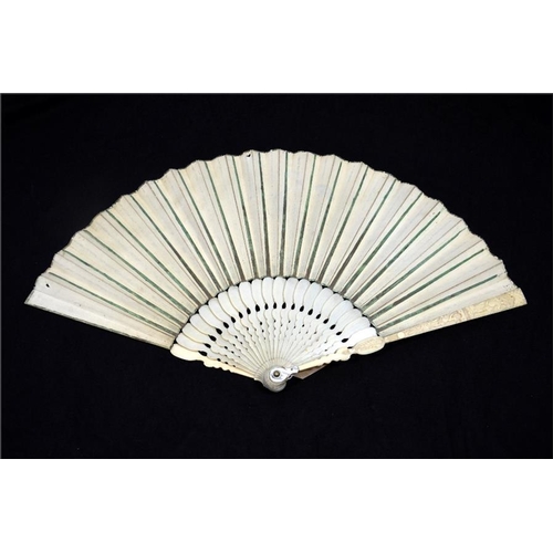 166 - λ An 18th century Ivory Biblical fan with plain ivory sticks and carved guards. The leaf is hand pai... 