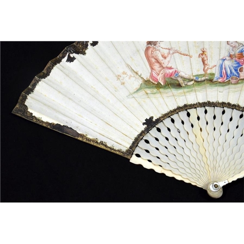 167 - λ An 18th century ivory fan with plain ivory sticks and guards. The leaf is hand painted with a pipe... 