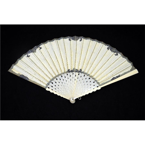 167 - λ An 18th century ivory fan with plain ivory sticks and guards. The leaf is hand painted with a pipe... 