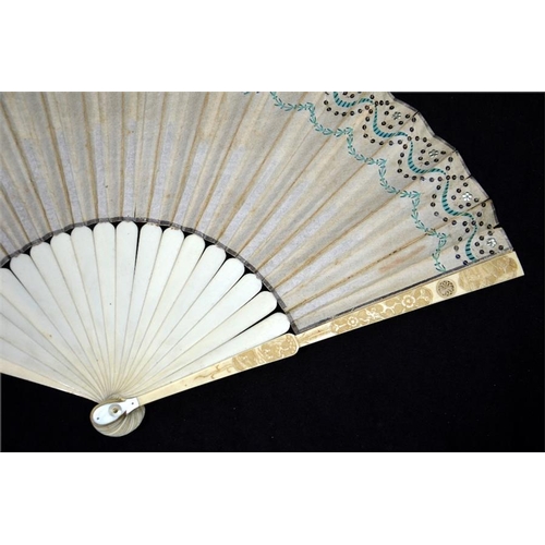 168 - λ Two simple 18th century ivory fans, the first with plain ivory sticks and guards. The double paper... 