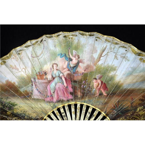 169 - λ A hand painted fan, the hand painted double paper leaf with Flora in classical dress within a form... 