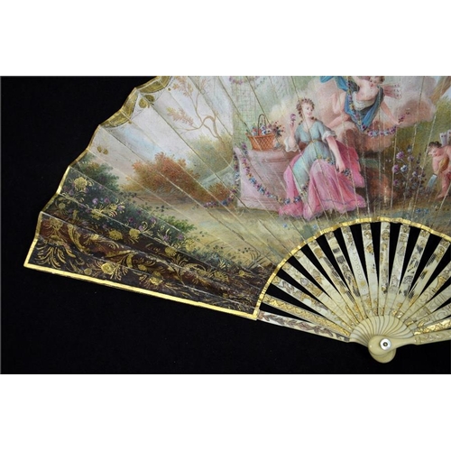 169 - λ A hand painted fan, the hand painted double paper leaf with Flora in classical dress within a form... 