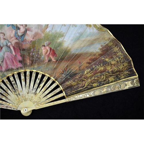 169 - λ A hand painted fan, the hand painted double paper leaf with Flora in classical dress within a form... 