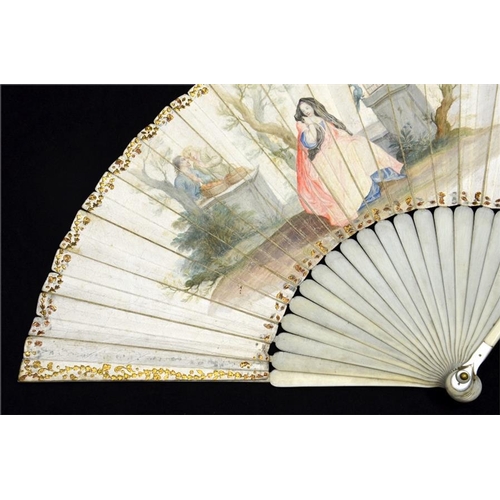 170 - λ An early 18th century ivory fan, with plain ivory sticks and guards, the guards with silver piqué ... 