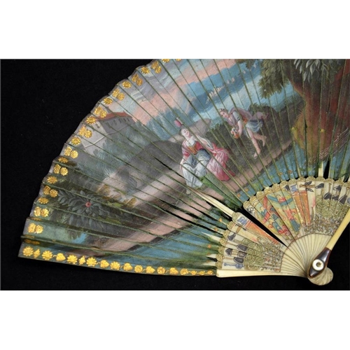 171 - λ A rare late 17th - early 18th century silk fan. The double silk leaf hand painted with an elegant ... 