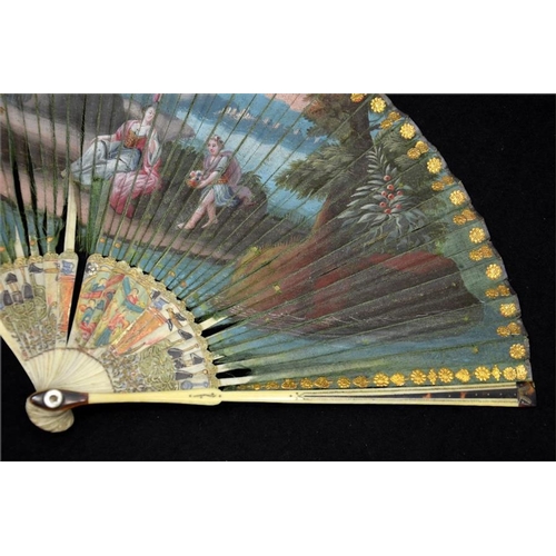 171 - λ A rare late 17th - early 18th century silk fan. The double silk leaf hand painted with an elegant ... 