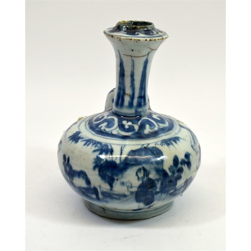 18 - A Chinese Ming blue and white kendi, painted in the round with figures in a landscape, below lappet ... 