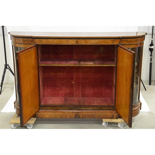 193 - A Victorian inlaid burr walnut credenza, central pair of mirrored doors flanked by bowed glazed door... 