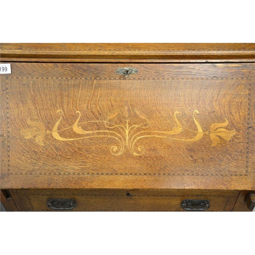 199 - A Wylie and Lockhead bureau, with checker board border and an Art Nouveau inlay on front, with key, ... 