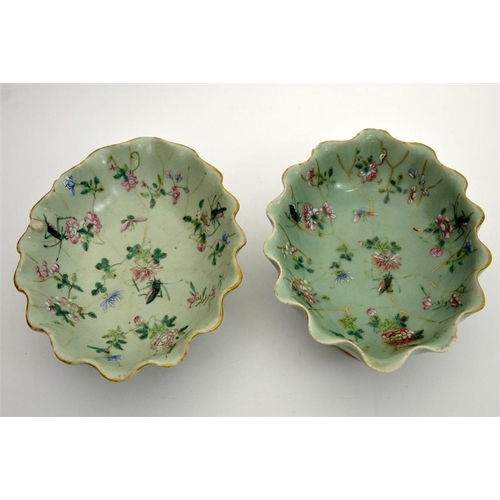 27 - A pair of Chinese famille rose footed dishes, 19th century, celadon glazed and enamelled with grassh... 