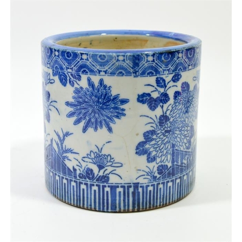 31 - A 19th century Japanese blue and white brush pot or jardiniere, transfer printed with chrysanthemums... 