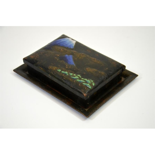 41 - A Japanese enamelled suzuribako metal box and tray, the rectangular box has an overlapping lid with ... 