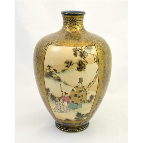 43 - A Japanese Meiji period satsuma vase, decorated with three hand painted panels between gold and silv... 