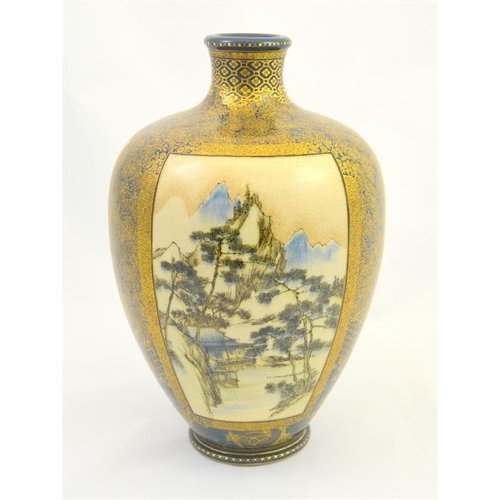 43 - A Japanese Meiji period satsuma vase, decorated with three hand painted panels between gold and silv... 