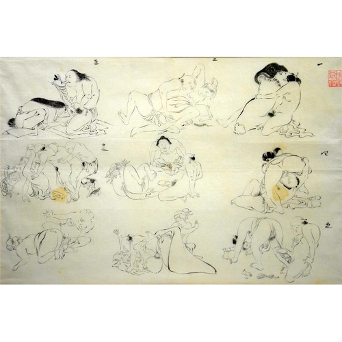 59 - Three Japanese erotic drawings, ink on paper, some colouring, 36cm x 58cm, simulated bamboo frames (... 