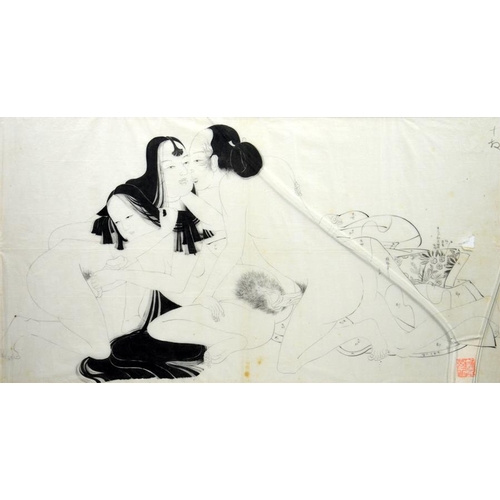 59 - Three Japanese erotic drawings, ink on paper, some colouring, 36cm x 58cm, simulated bamboo frames (... 