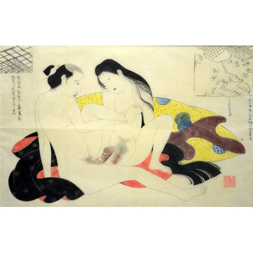 59 - Three Japanese erotic drawings, ink on paper, some colouring, 36cm x 58cm, simulated bamboo frames (... 