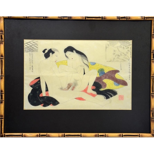 59 - Three Japanese erotic drawings, ink on paper, some colouring, 36cm x 58cm, simulated bamboo frames (... 