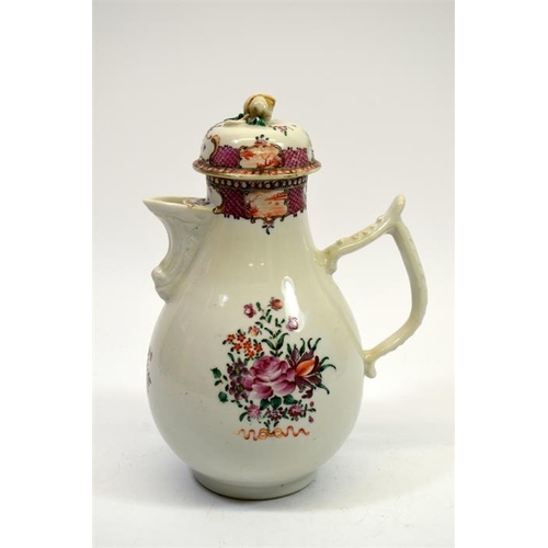 6 - A Chinese export famille rose coffee pot, circa 1760, painted with floral bouquets below a Rococo fi... 