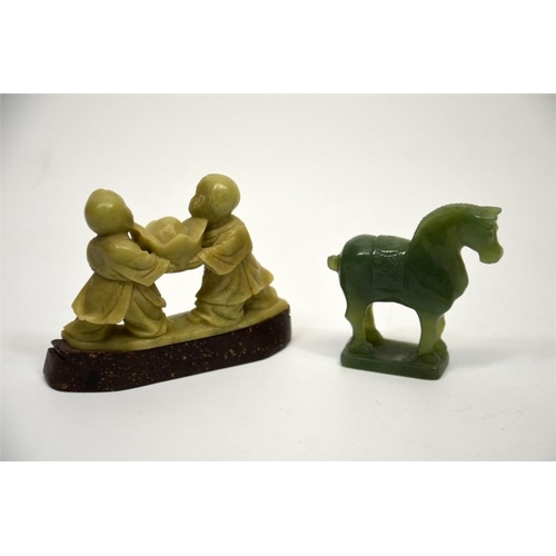 60 - Two carved stone figures, one jade type horse, the other soapstone of two Chinese figures 8cm high (... 