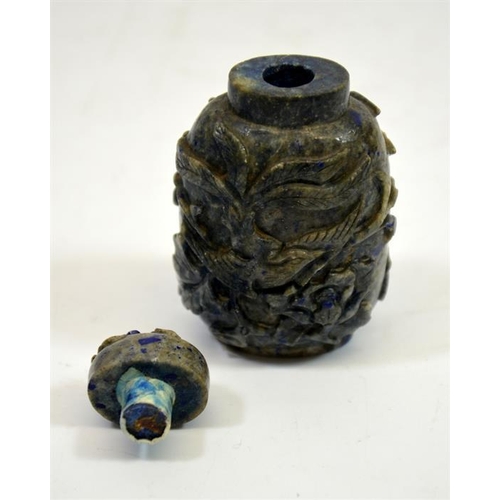 63 - A Chinese carved Lapis snuff bottle, bird of paradise and foliate design