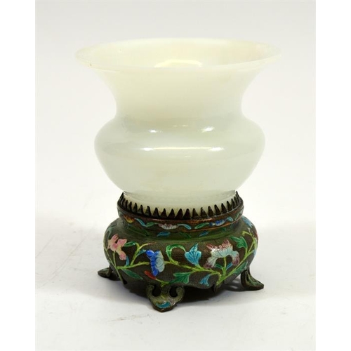 68 - A Chinese glass and enamelled metal vase on stand, opaque white glass on textured metal and polychro... 