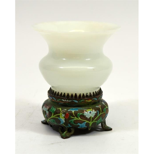 68 - A Chinese glass and enamelled metal vase on stand, opaque white glass on textured metal and polychro... 