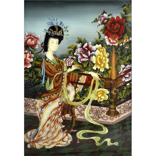 75 - A pair of Chinese reverse painted glass pictures, depicting women in garden scenes with peonies, 66c... 