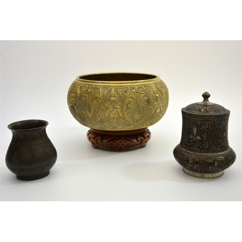 79 - An Indian gilt brass cast bowl, together with niello white metal baluster vase and covered pot, bowl... 