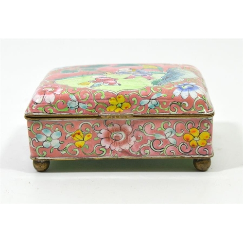 84 - A Chinese enamelled casket, Qianlong style pink and foliate scroll ground with central ogee lotus ca... 