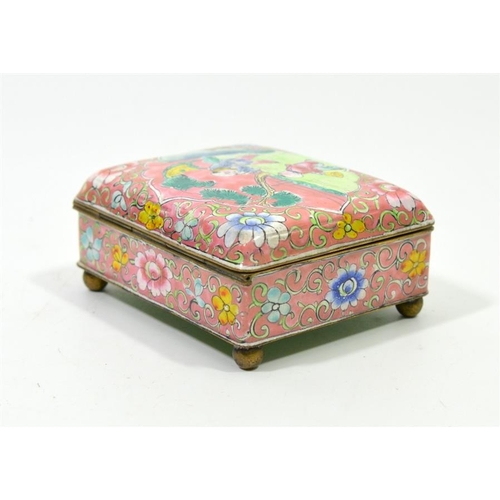 84 - A Chinese enamelled casket, Qianlong style pink and foliate scroll ground with central ogee lotus ca... 