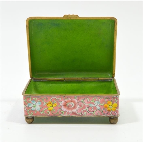 84 - A Chinese enamelled casket, Qianlong style pink and foliate scroll ground with central ogee lotus ca... 