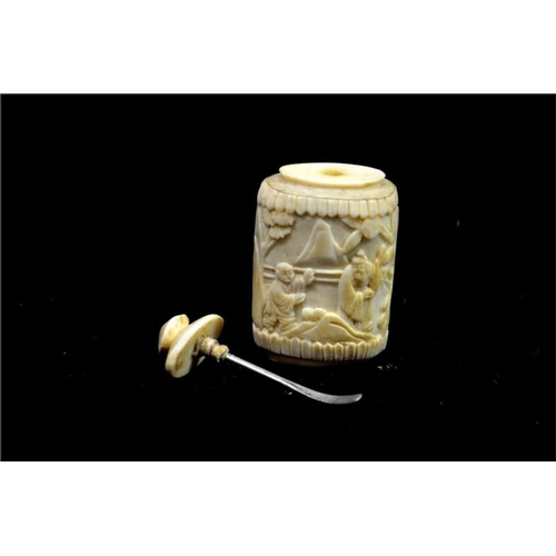 91 - A Chinese carved bone snuff bottle, 19th century, decorated in the round with elders in a garden lan... 