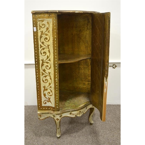 223 - A painted and stencilled Louis XV style corner cabinet, on cabriole legs, ogee fronted, gilt foliate... 