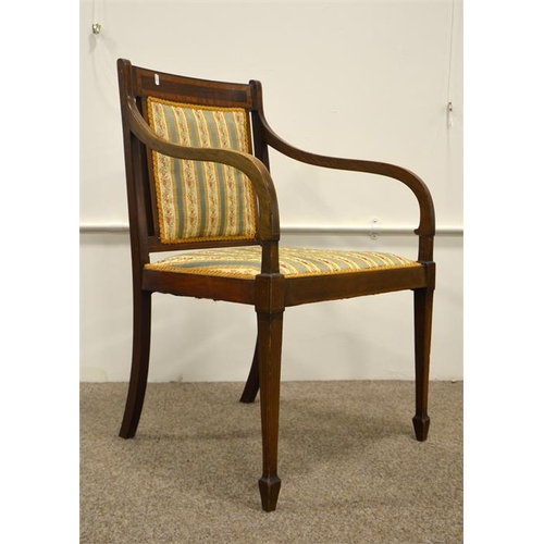 224 - An Edwardian mahogany Sheraton style open armchair, satinwood inlaid and upholstered