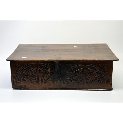 226 - A 17th century oak bible box, carved with foliate arcading, iron hinges and lock plate, 59cm wide, 1... 