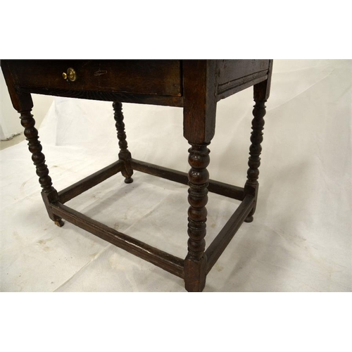 227 - A Charles II oak single drawer side table, joined construction, on cup and ball turned legs, 94cm wi... 