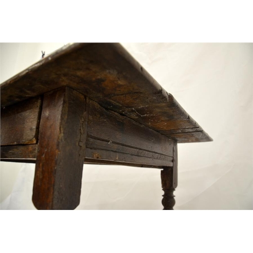 227 - A Charles II oak single drawer side table, joined construction, on cup and ball turned legs, 94cm wi... 