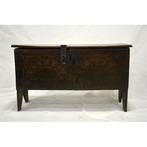 247 - A 17th century style oak boarded chest, probably 18th century, the carved double arcaded front with ... 