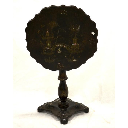 251 - A Victorian ebonised papier mache and mother of pearl inlay tilt top occasional table, pedestal form... 