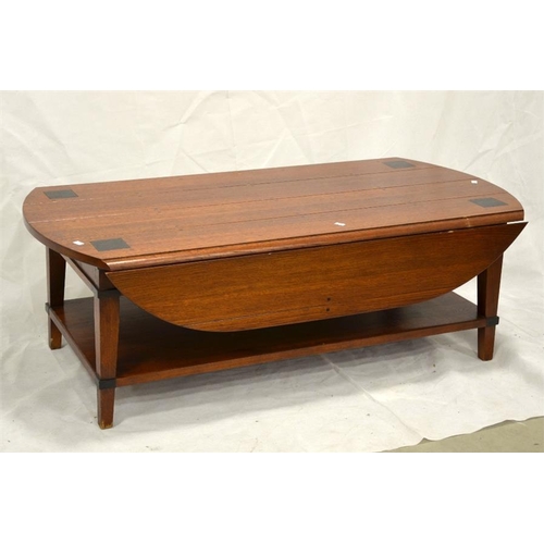 268 - A contemporary oak drop leaf coffee table, plank and peg construction with low shelf and ebonised de... 