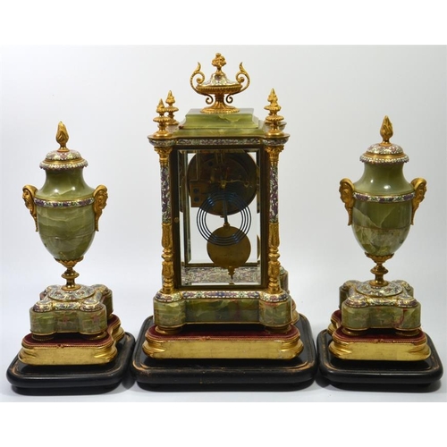 279 - A French champleve enamel, ormolu and onyx clock garniture, under glass domes, the Japy Freres movem... 