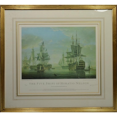 292 - After Nicholas Pocock, five limited edition Nelson prints including The Five Ships of Horatio Nelson... 