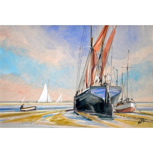 376 - 20th Century School, Boats on Estuary, watercolour, monogrammed GA, 16cm x 24cm, framed