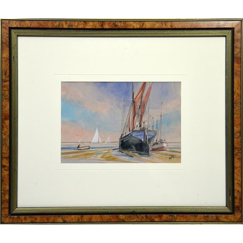 376 - 20th Century School, Boats on Estuary, watercolour, monogrammed GA, 16cm x 24cm, framed