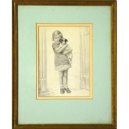 383 - William Cheesman (20th Century), Girl with Dog, pencil study, 16.5cm x 12.5cm, framed