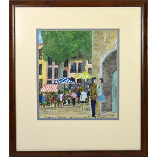 384 - A collection of paintings and drawings including houses and interiors, market scene etc., framed (4)