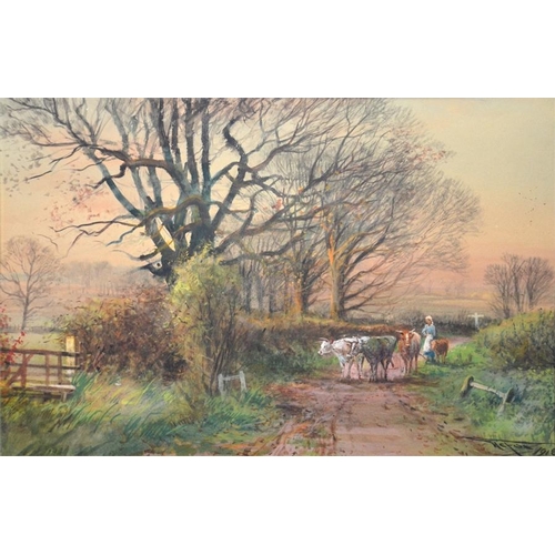 385 - Henry Charles Fox (British, 1855-1929), Bringing In The Cattle, watercolour, signed and dated 1918, ... 