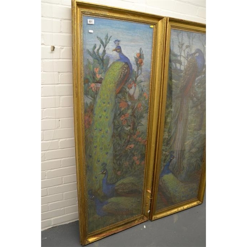 387 - A pair of impressionist paintings of peacocks, pastel on canvas, indistinctly signed, glazed and fra... 